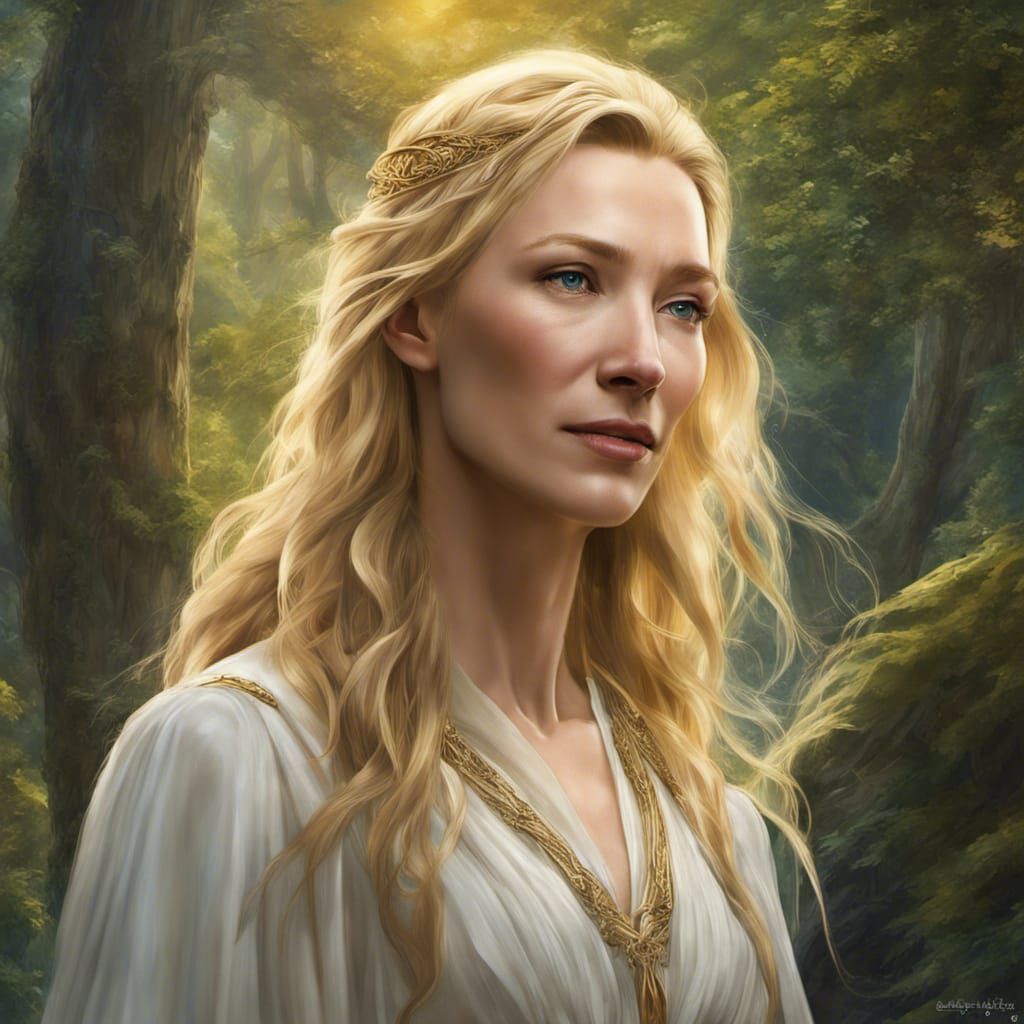 Hyperrealistic Portrait of Galadriel in Forest
