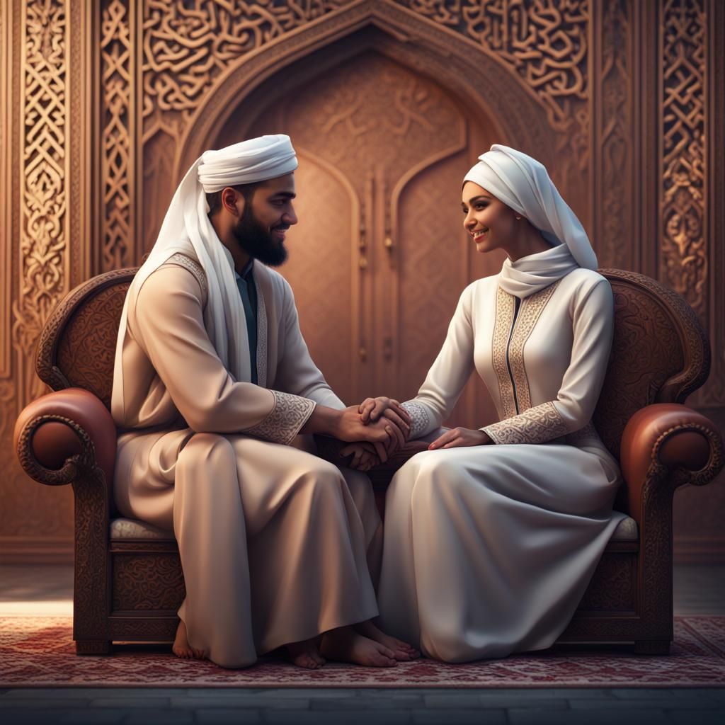 Happy Muslim Couple with Arabic Calligraphy