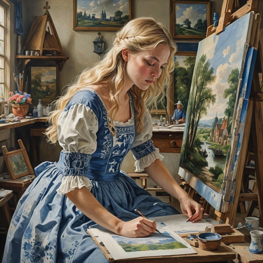 Girl Sketching Dutch Landscape, Oil Painting Style