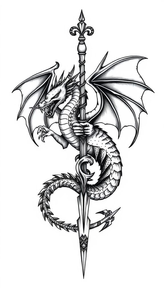 Dragon, Rune, and Weapon Tattoos in Norse Celtic Style