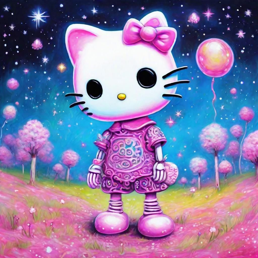 Glowing Hello Kitty Skeleton in a Fantasy Galaxy