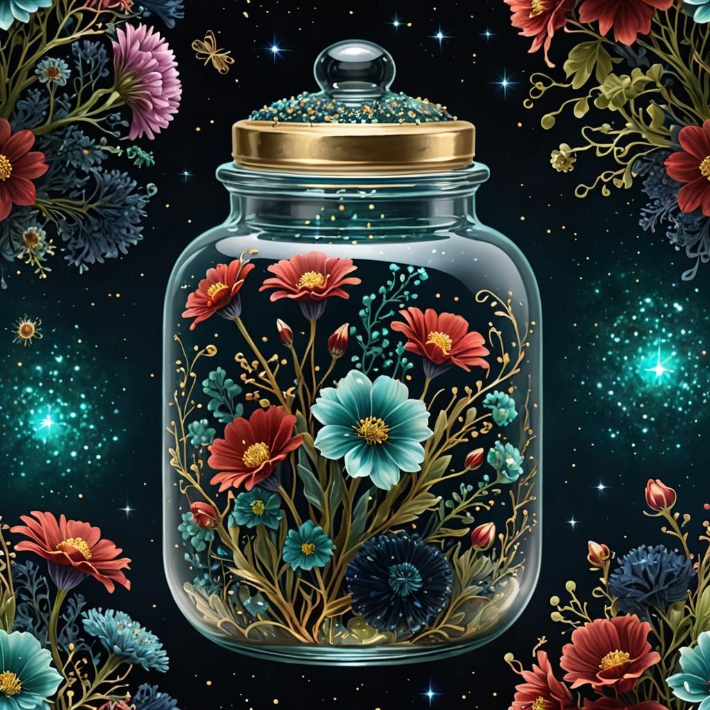 Bioluminescent Flower in Jar Shines in Nebula Space