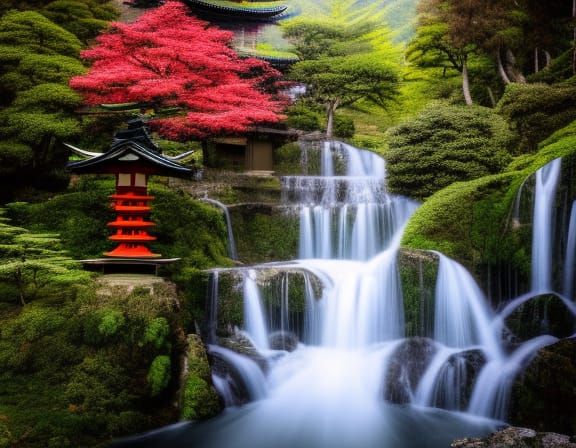 Hyperrealistic Japanese Temple in Summer Mountain Scene