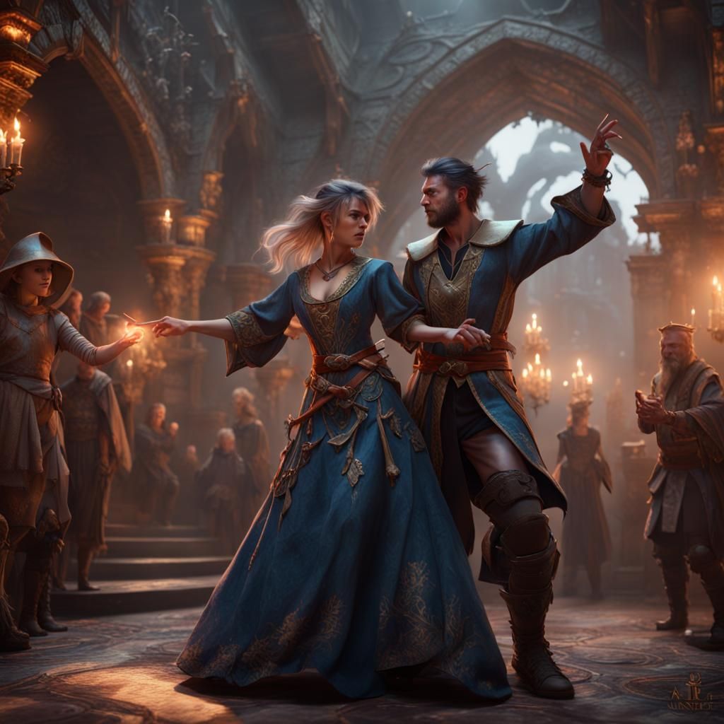 Knight Dancing for a Pointing Mage, Fantasy Art