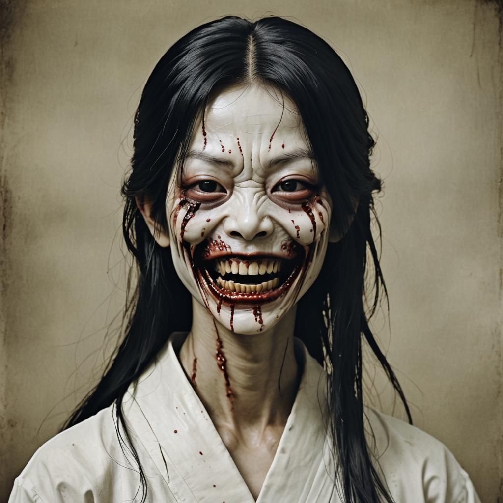 Hyperrealistic Portrait of Kuchisake-onna in Gothic Setting