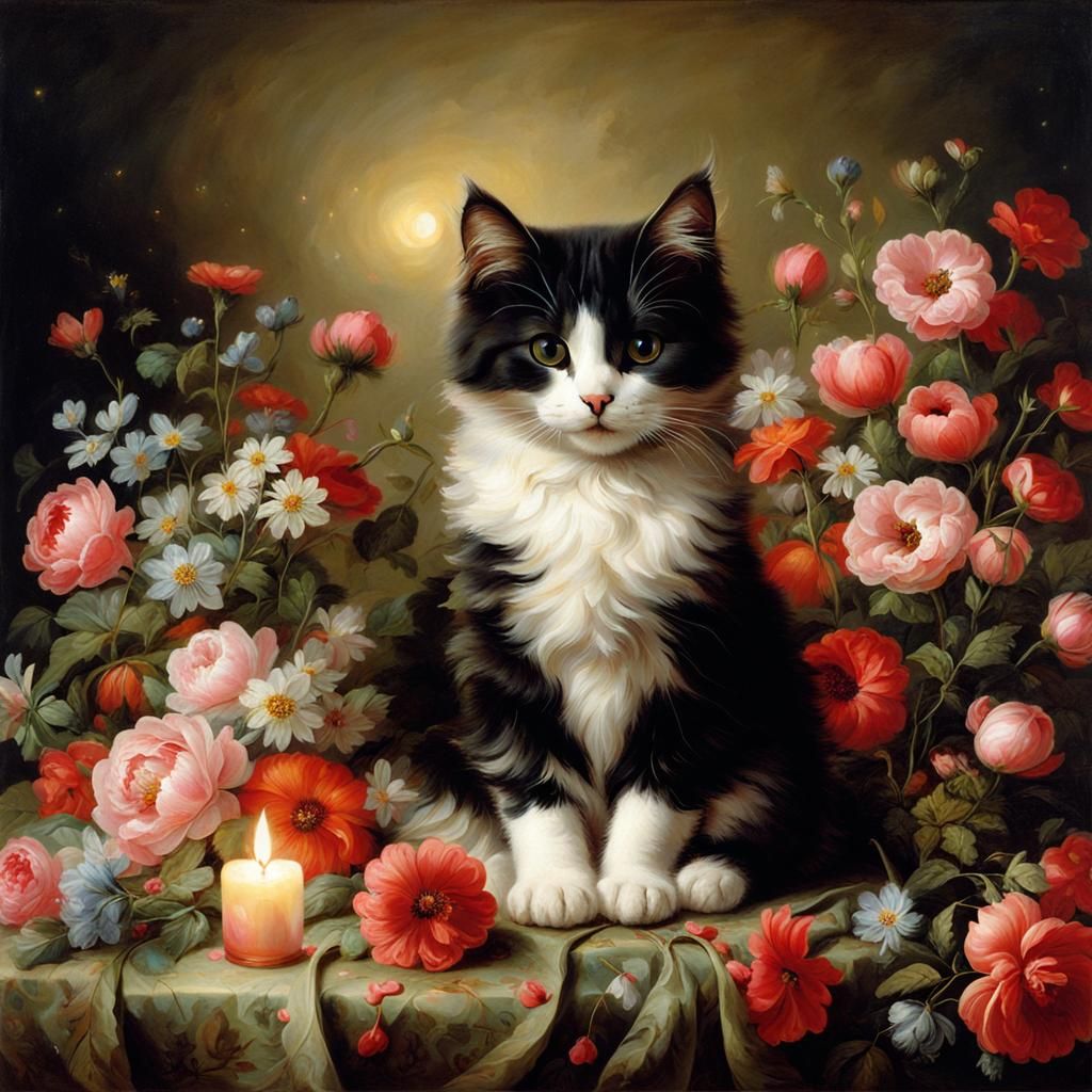Cat on Pillow with Flowers in Baroque Style
