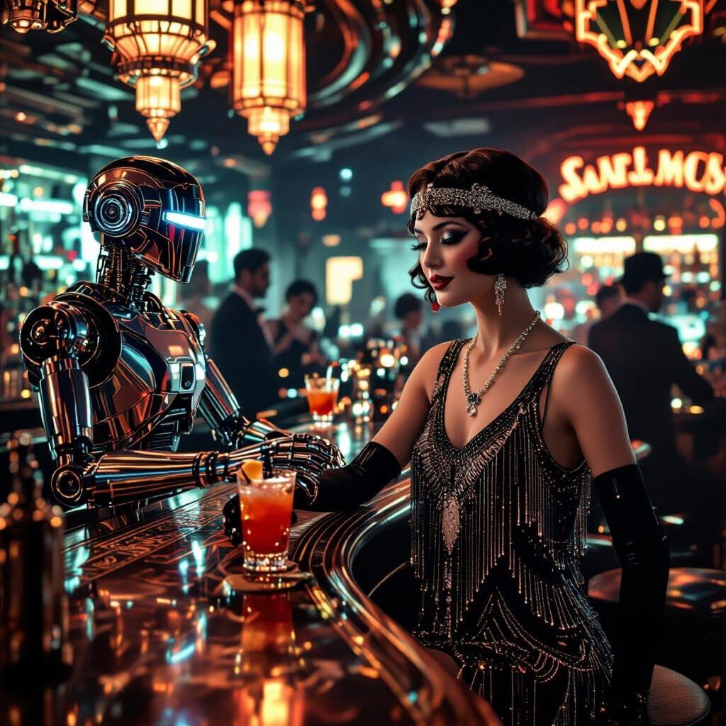 Flapper Girl and Robot Bartender in Speakeasy