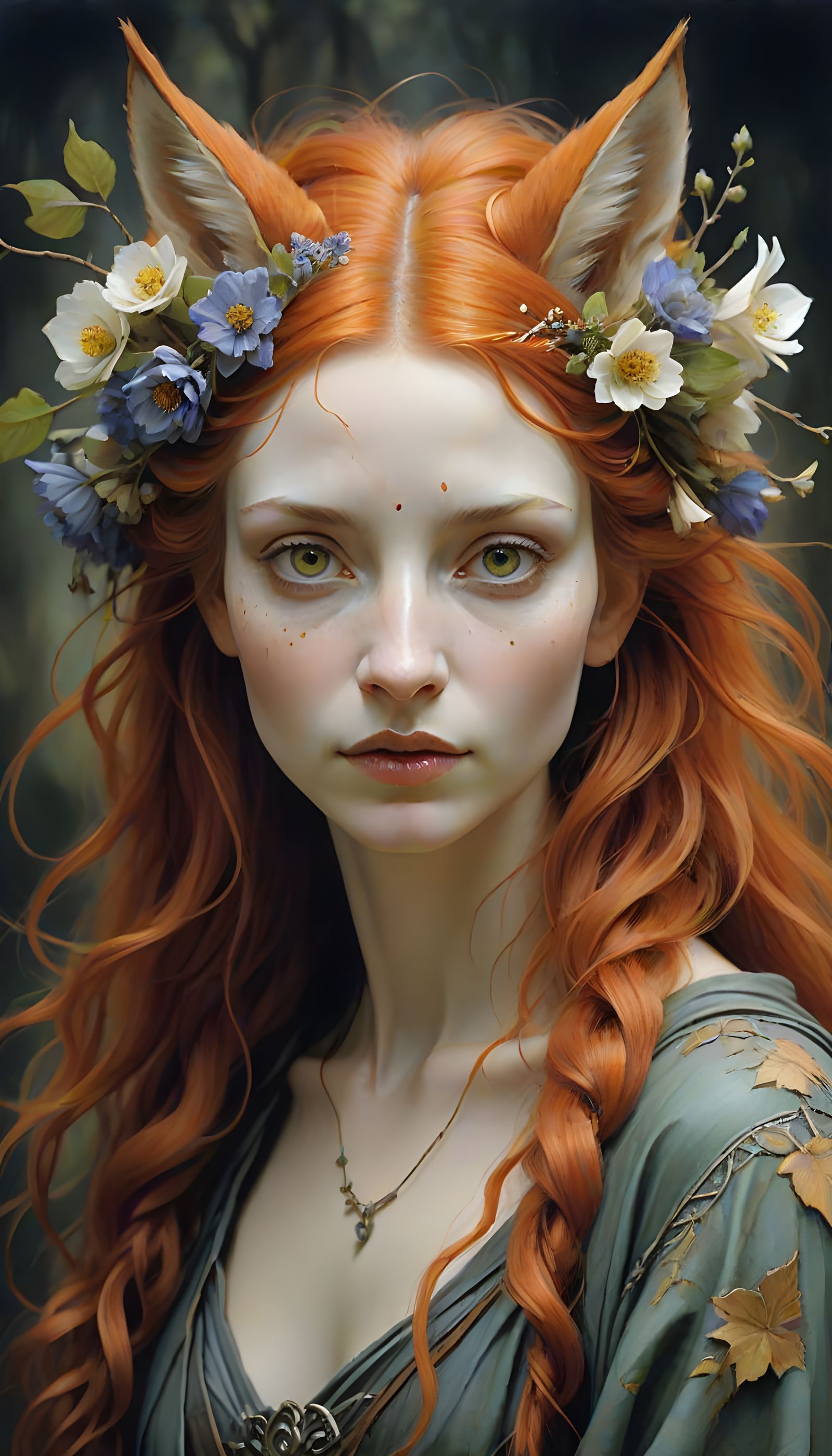 Enchanted Siren with Fox Traits in Whimsical Landscape