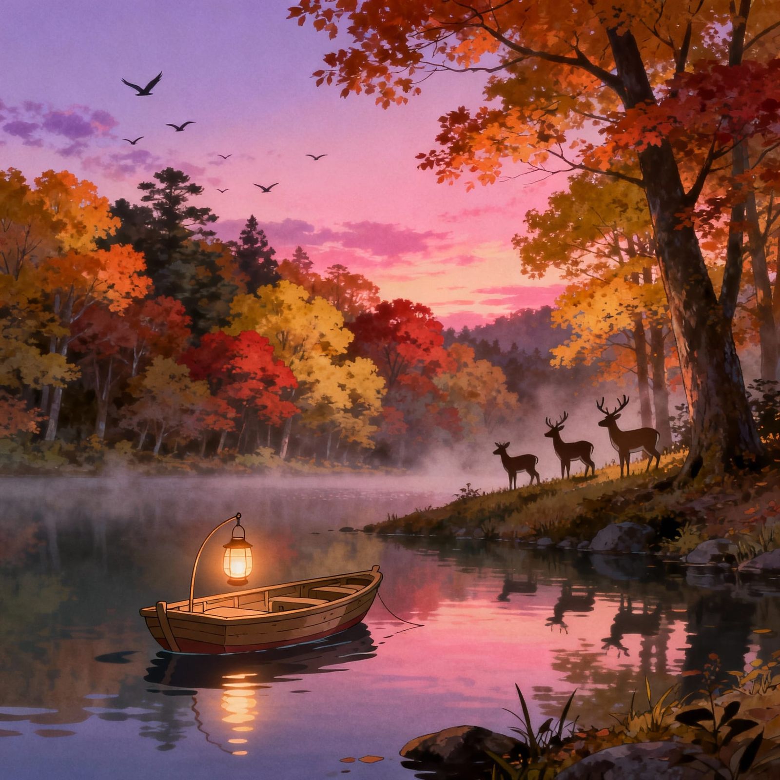 Serene Autumn Lake Scene with Glowing Lantern