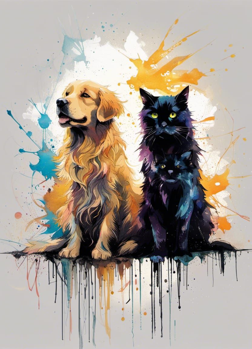 Serene Cat and Dog Portrait in Anime Style