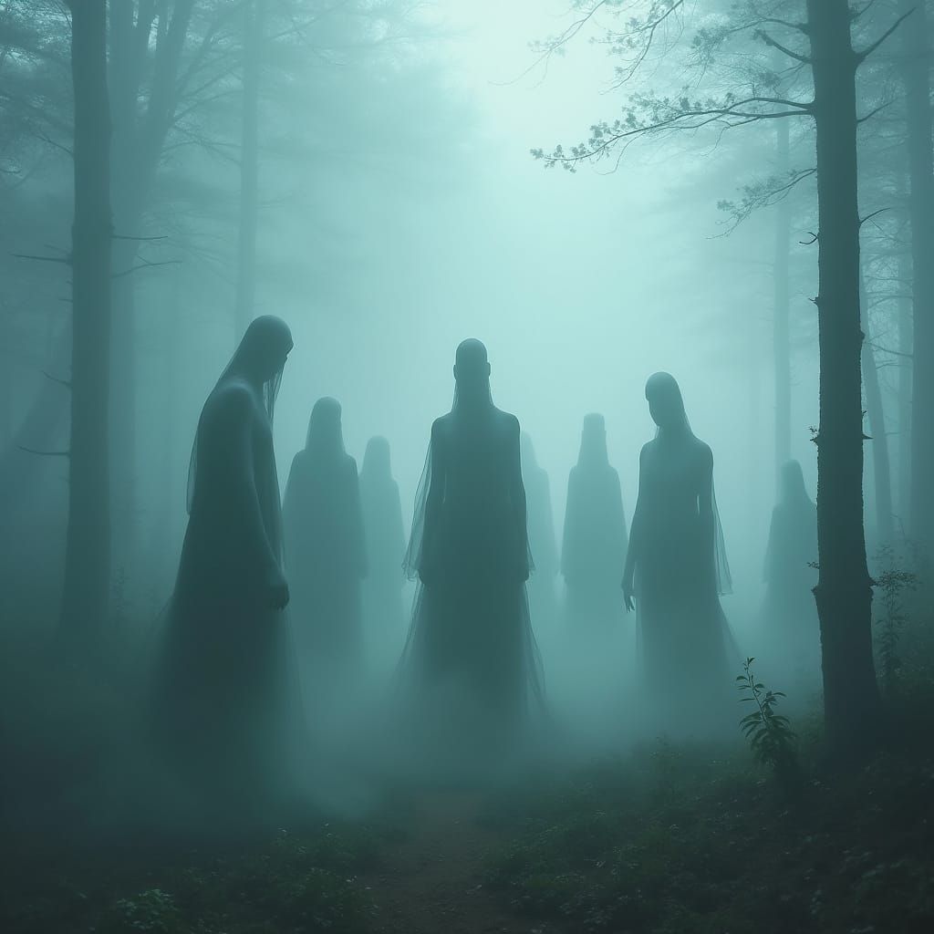 Ethereal Ghostly Figures in a Misty Dreamlike Realm