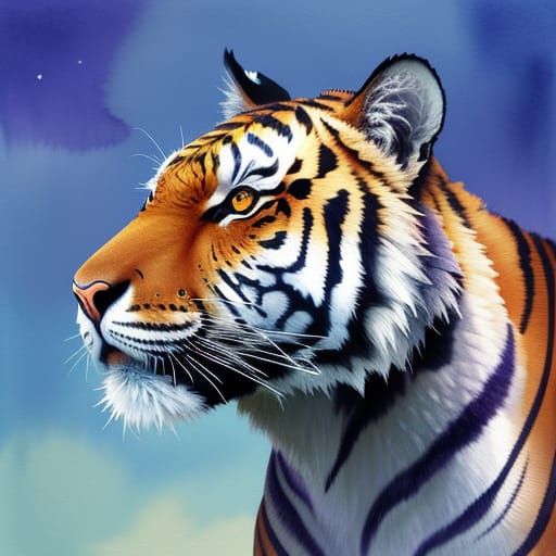 Celestial Tiger Gazing at Moonlit Nature in Watercolor