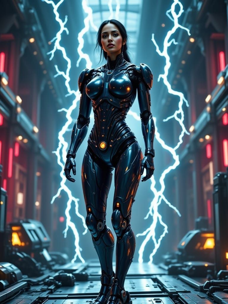 Cyborg Woman Recharging with Mechanical Limbs