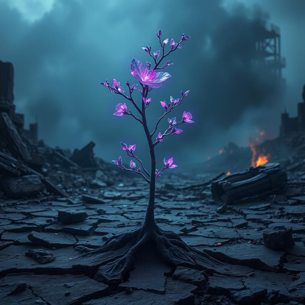 Iridescent Sapling Emerges in Barren Landscape