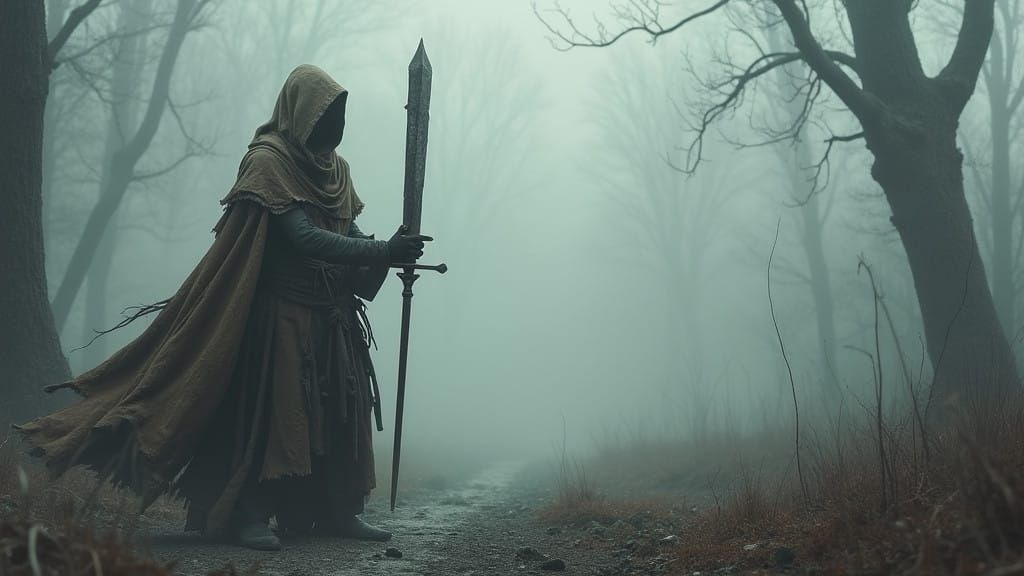 Ethereal Wanderer in Desolate Gray Landscape