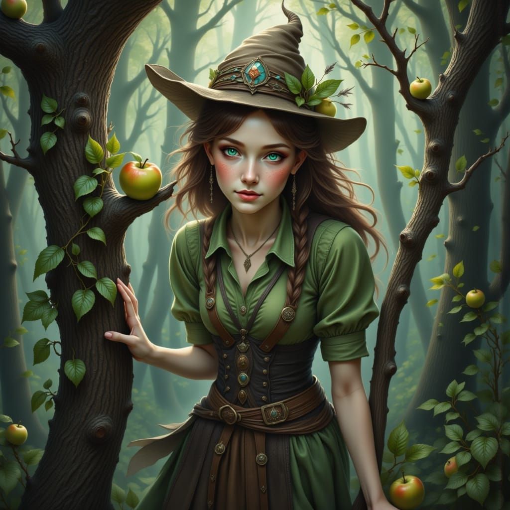Ethereal Witch Picking Apples in Misty Forest