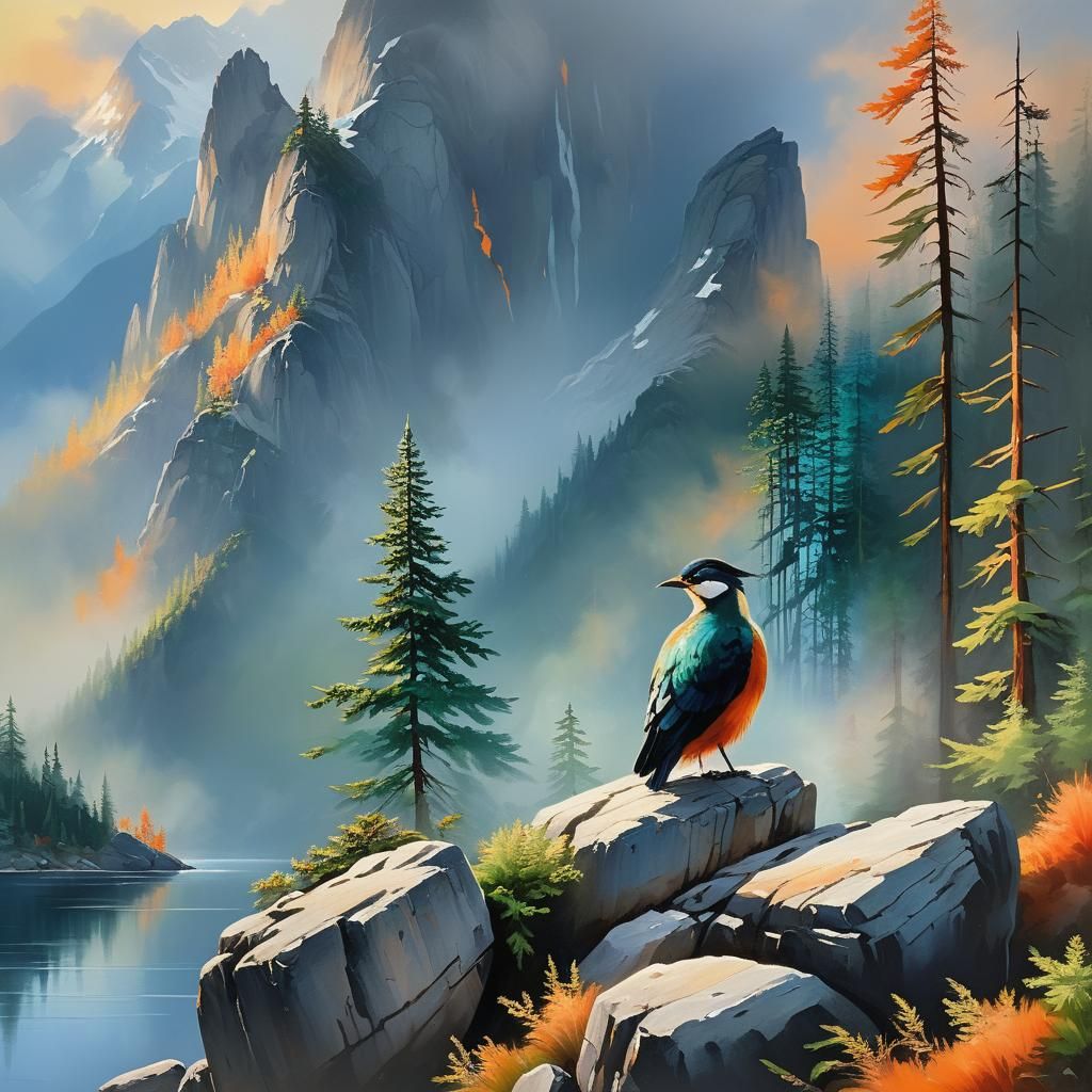 Majestic Bird in Fjord: Panoramic Oil Painting