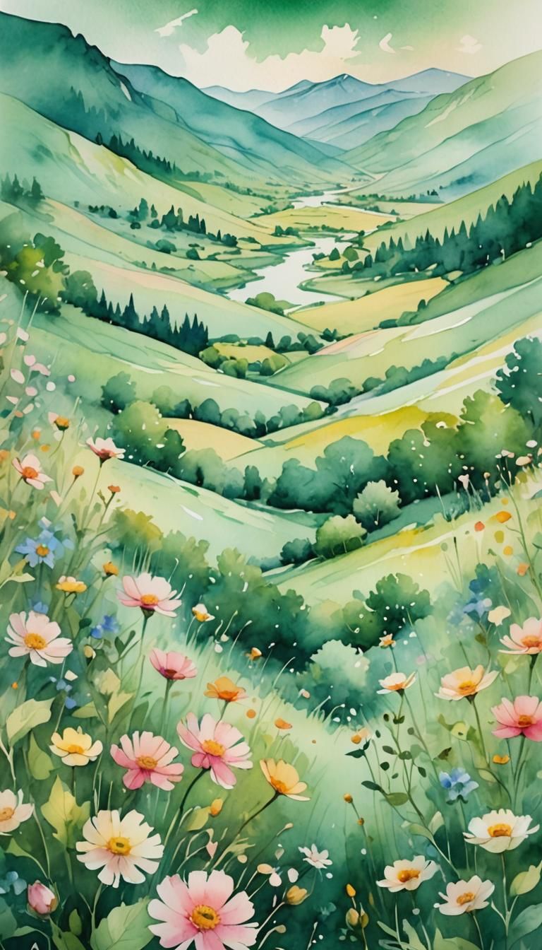 Romanticist Watercolor of Pastel Flower Valley