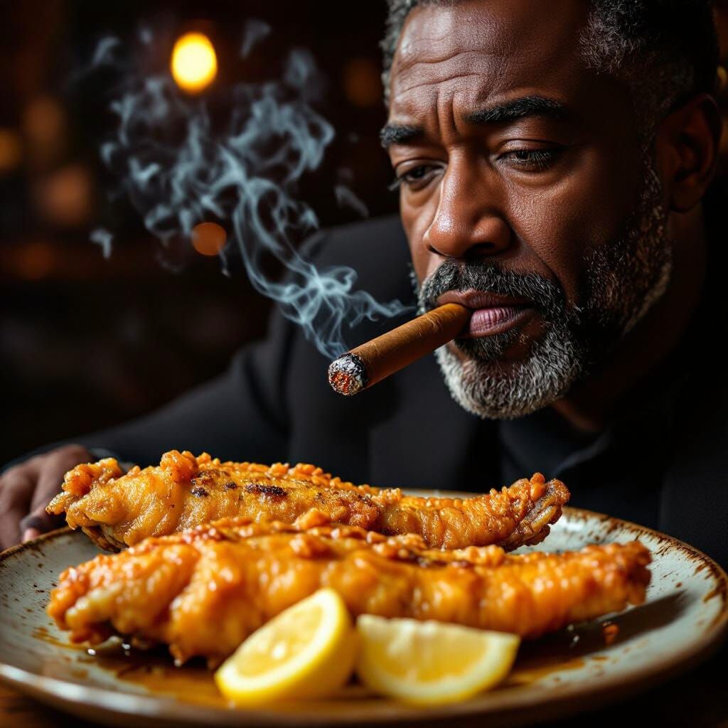 Photorealistic Deep Fried Fish and Cigar Smoker