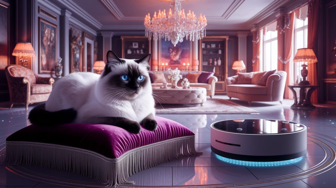 Regal Siamese Cat Surveys Kingdom on Velvet Pillow