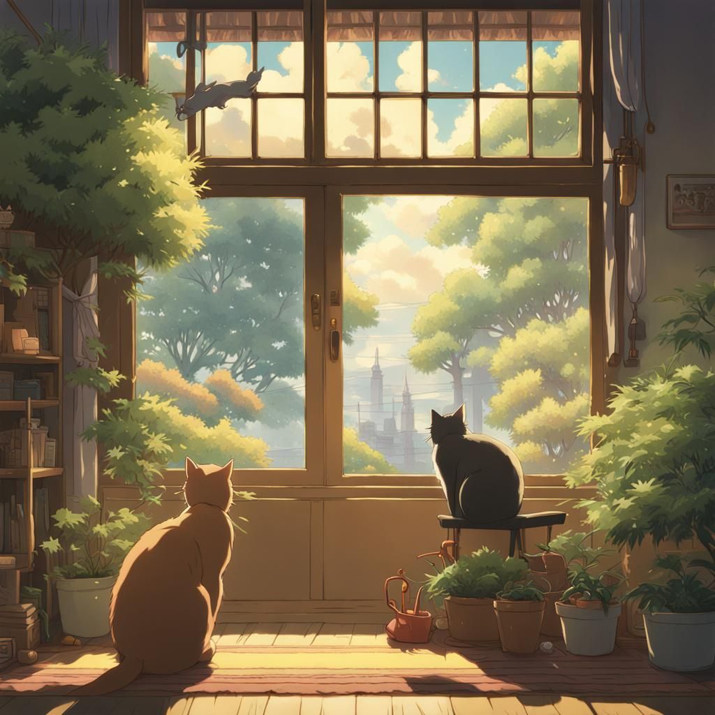 New Year Cats in Studio Ghibli Anime Style