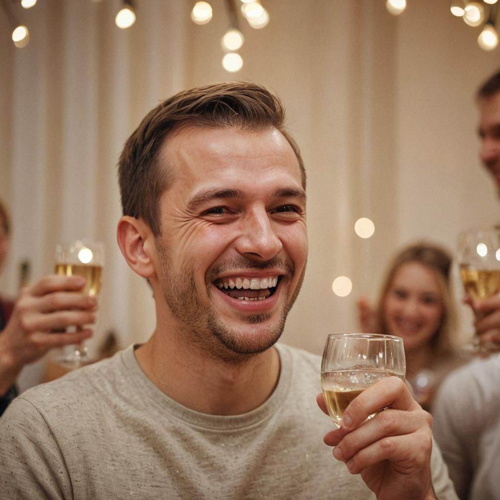 Joyful Slavic Man Toasting in Photorealistic Portrait