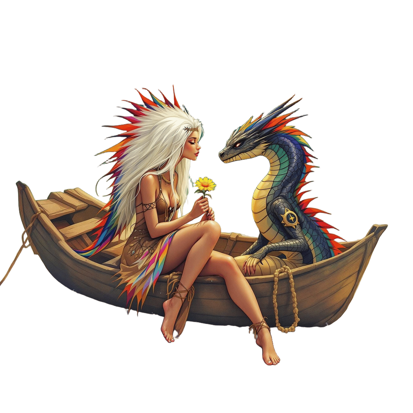 Alien Dragon Offering Flower to Woman: Surreal Acrylic Art