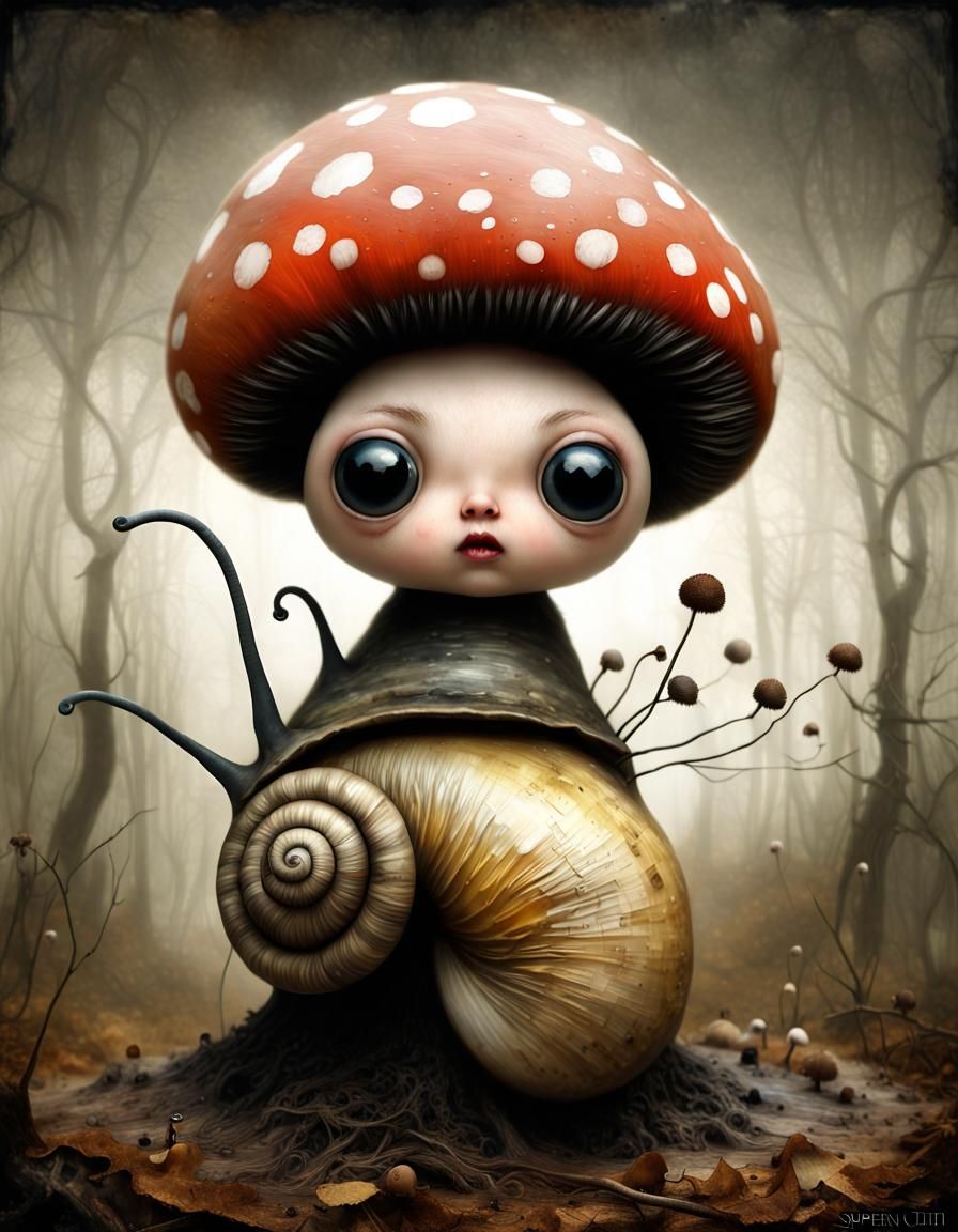 Surreal Snail on Mushroom, Hyperrealistic 3D Art