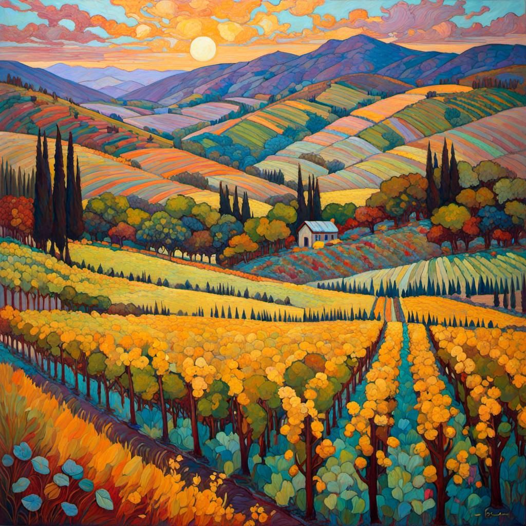 Encaustic Impasto Vineyards in Art Brut Style