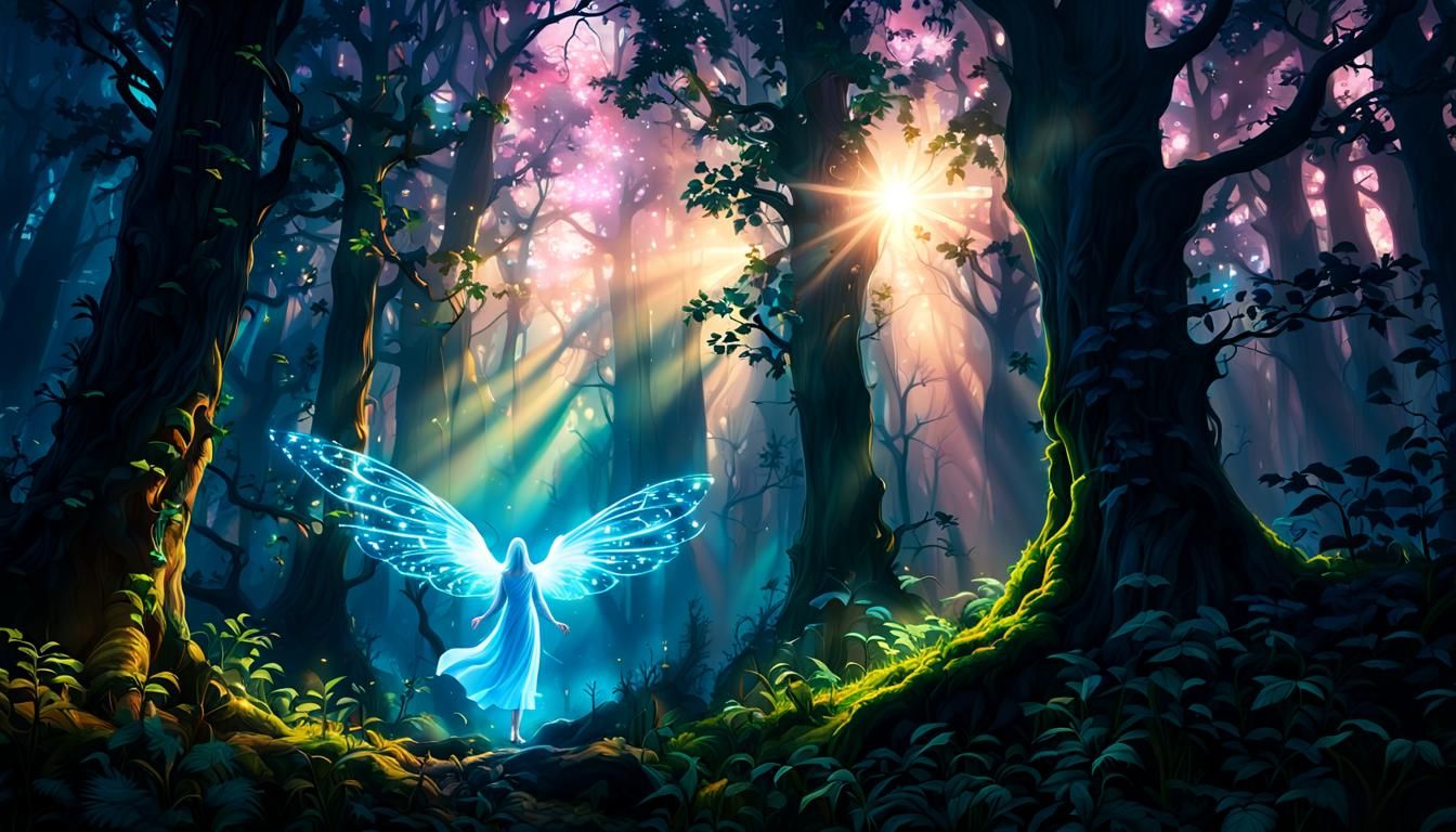 Ethereal Forest Guardians in Bioluminescent Landscape