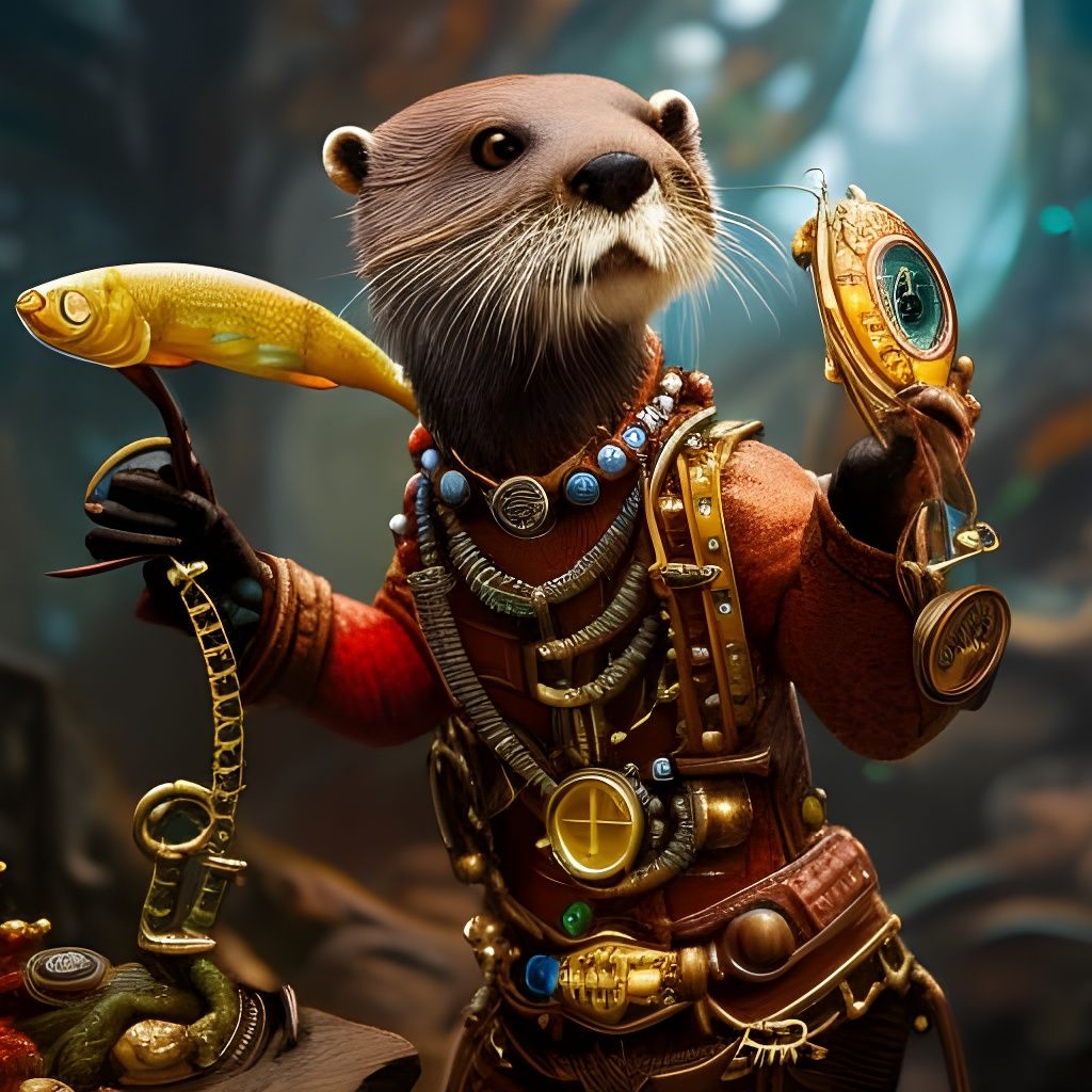 Steampunk Otter Holding Fish in Ornate Setting