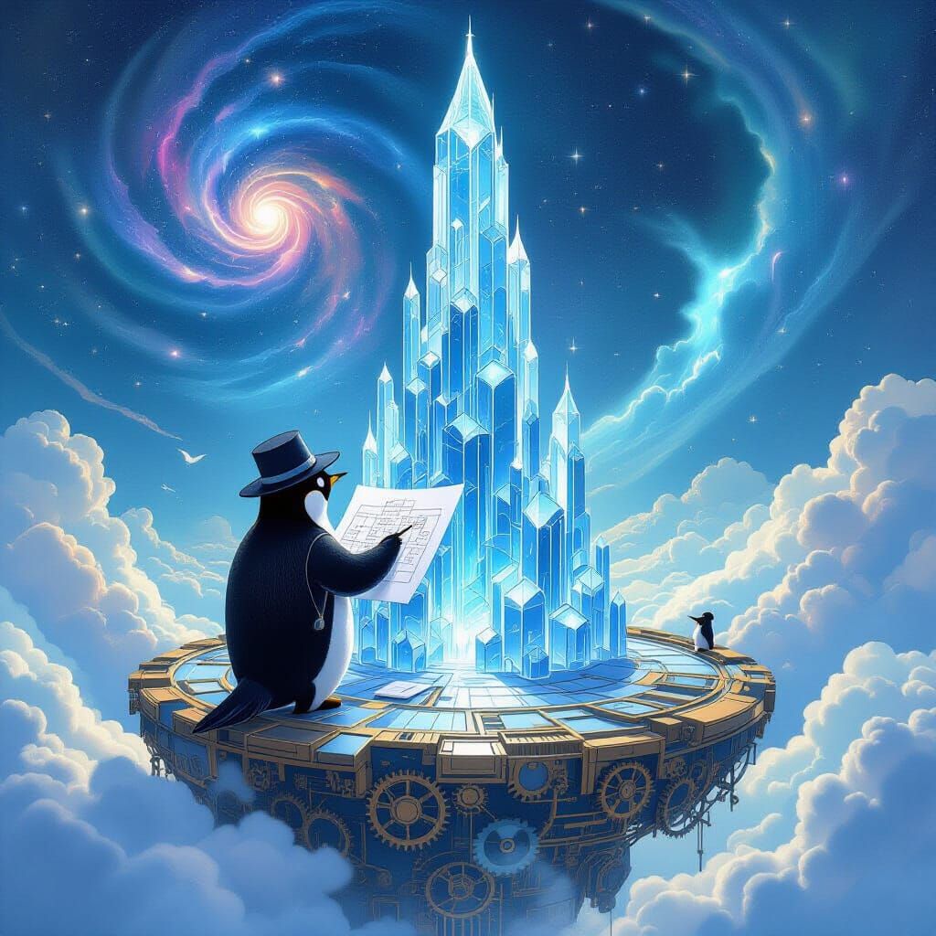 Penguin Architect Designs Crystalline Tower in Cosmic Art No...