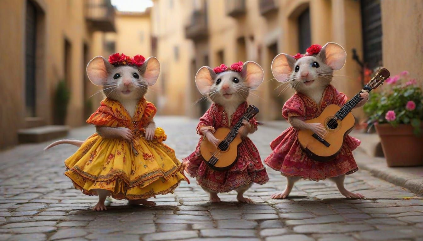 Romantic Flamenco Mouse Scene in Whimsical Spanish Town