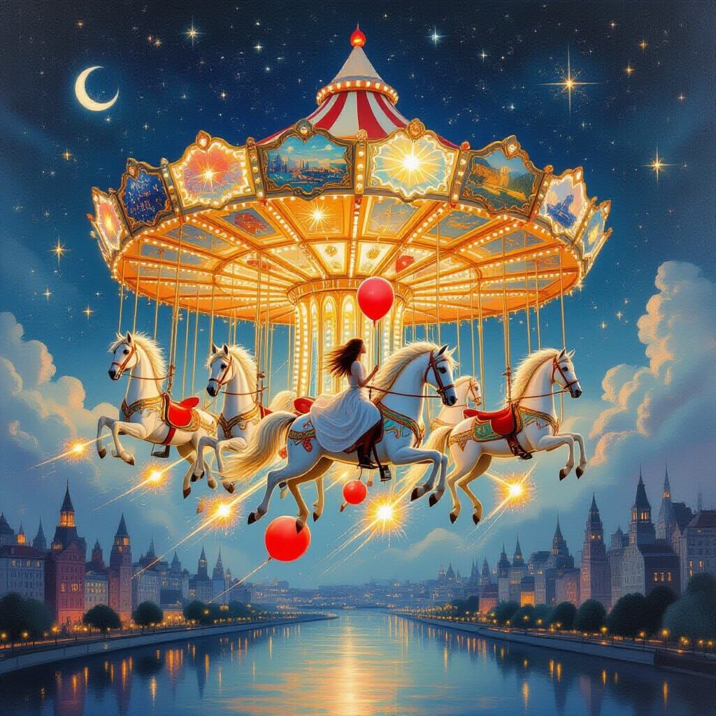 Celestial Carousel Soars Through Dreamlike Night Sky