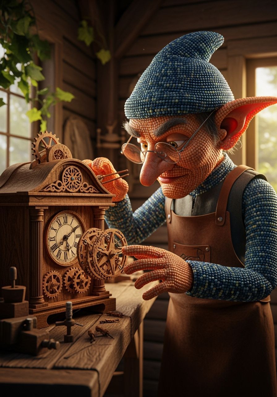 Goblin Puppet Working on Clock in 3D Anime Style