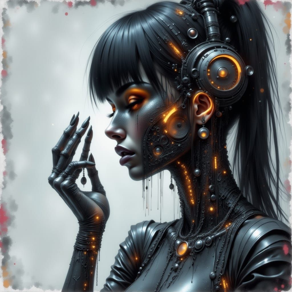 Beautiful Cyborg in Neon Goth Grunge Style