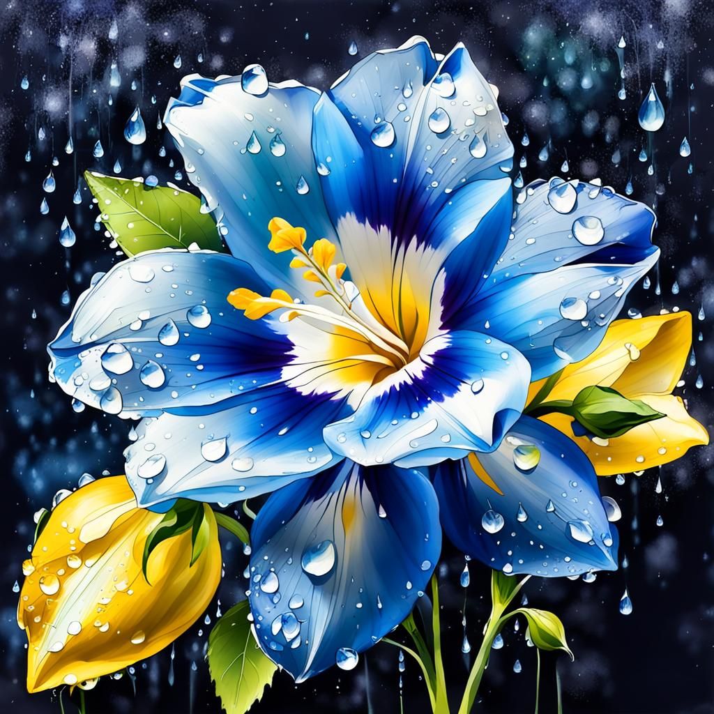 Bellflower with Water Droplets and Paint Stains