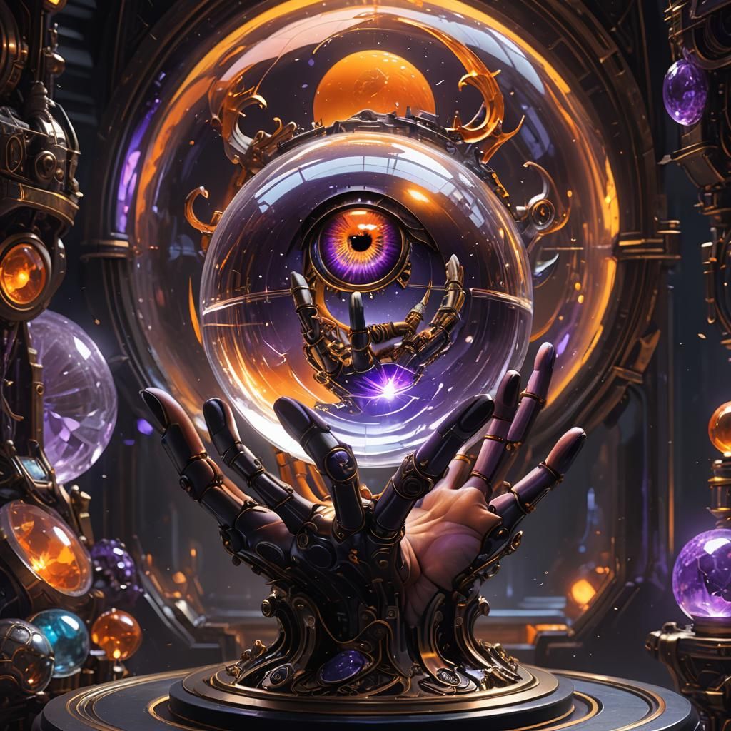 Crystal Ball with Robotic Hand in Dark Fantasy Style
