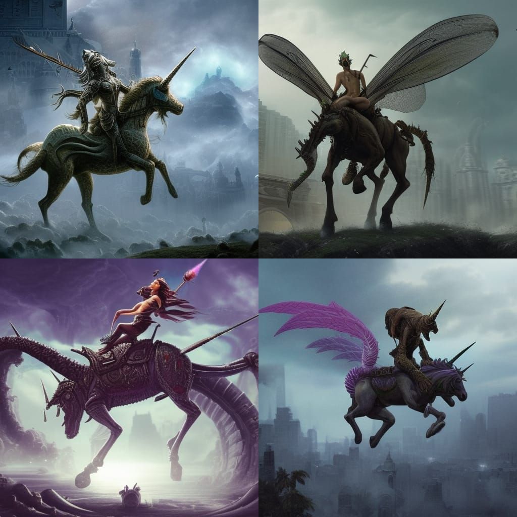 Thri-Kreen on Unicorn Defending City in Digital Painting