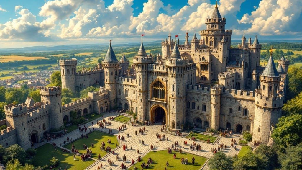 Bird's eye view of a castle. The outer wall is maned by knig...