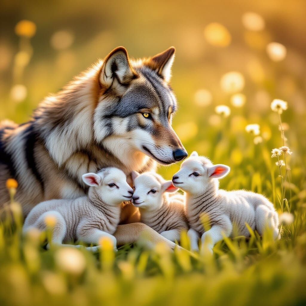 Wolf Mother Nurturing Lambs in Sunlit Meadow