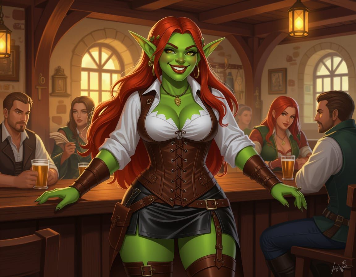 Plus Size Goblin Barmaid Serving Patrons in Bustling Tavern