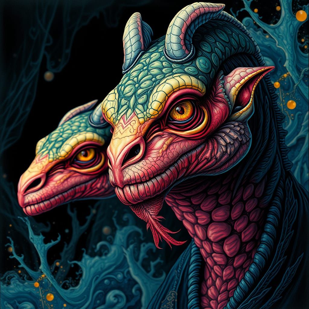 Reptilian Twins Portrait in Pen and Ink Style