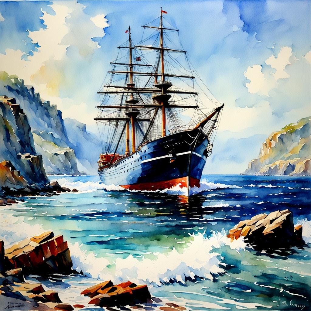 Watercolor Ship on Sea, Oil Painting Style