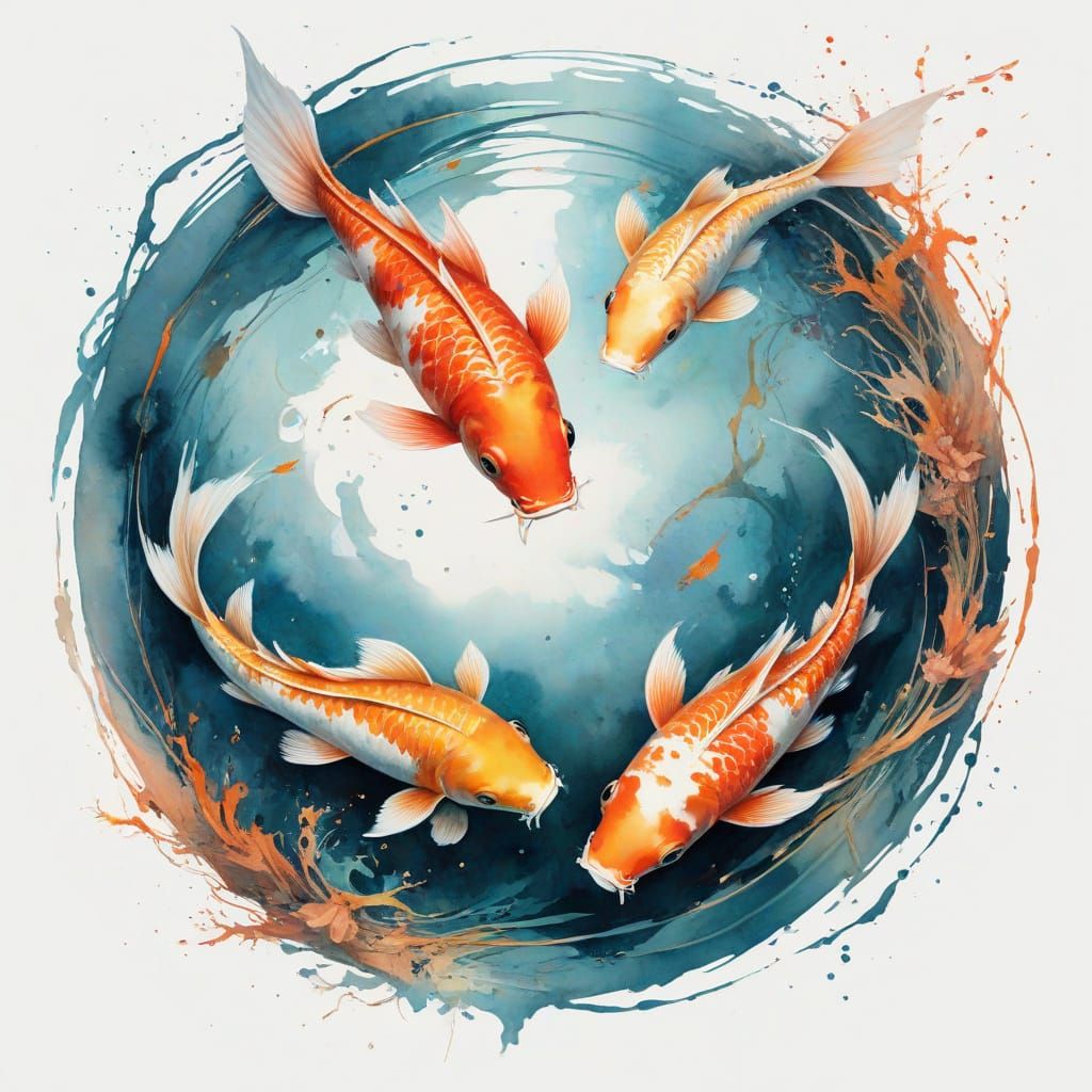 "Visualize a splashy watercolour whimsical (two and only two koi swimming in a circle). Stylistic influences from Carne ...