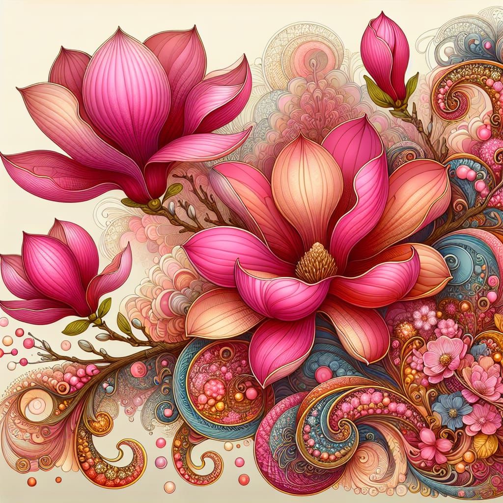 Magnolia Flowers with Filigree in Art Nouveau Style