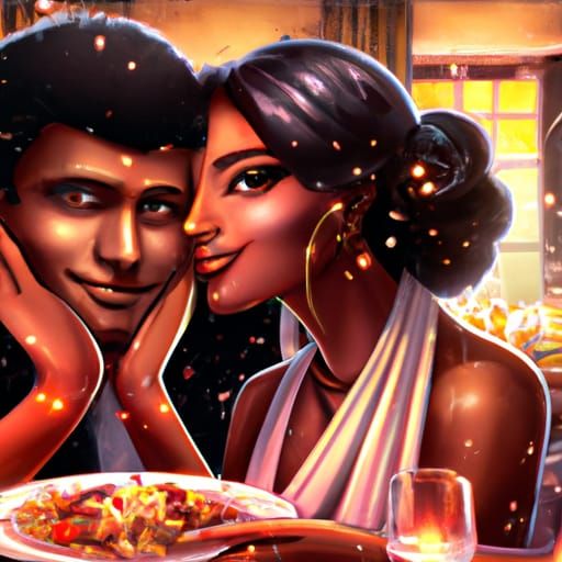 AFRICAN AMERICAN COUPLE HAVING DINNER ON VALENTINES DAY