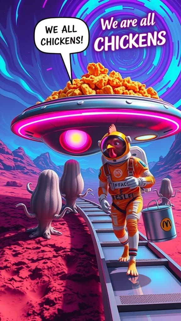 Chicken Saucer on Alien Planet in Retro-Futuristic Style
