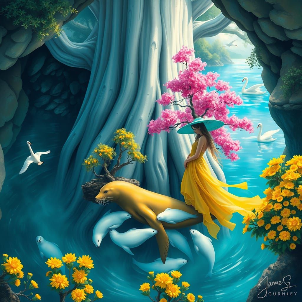 Underwater Cave Scene with Sequoia Tree in Impressionist Sty...