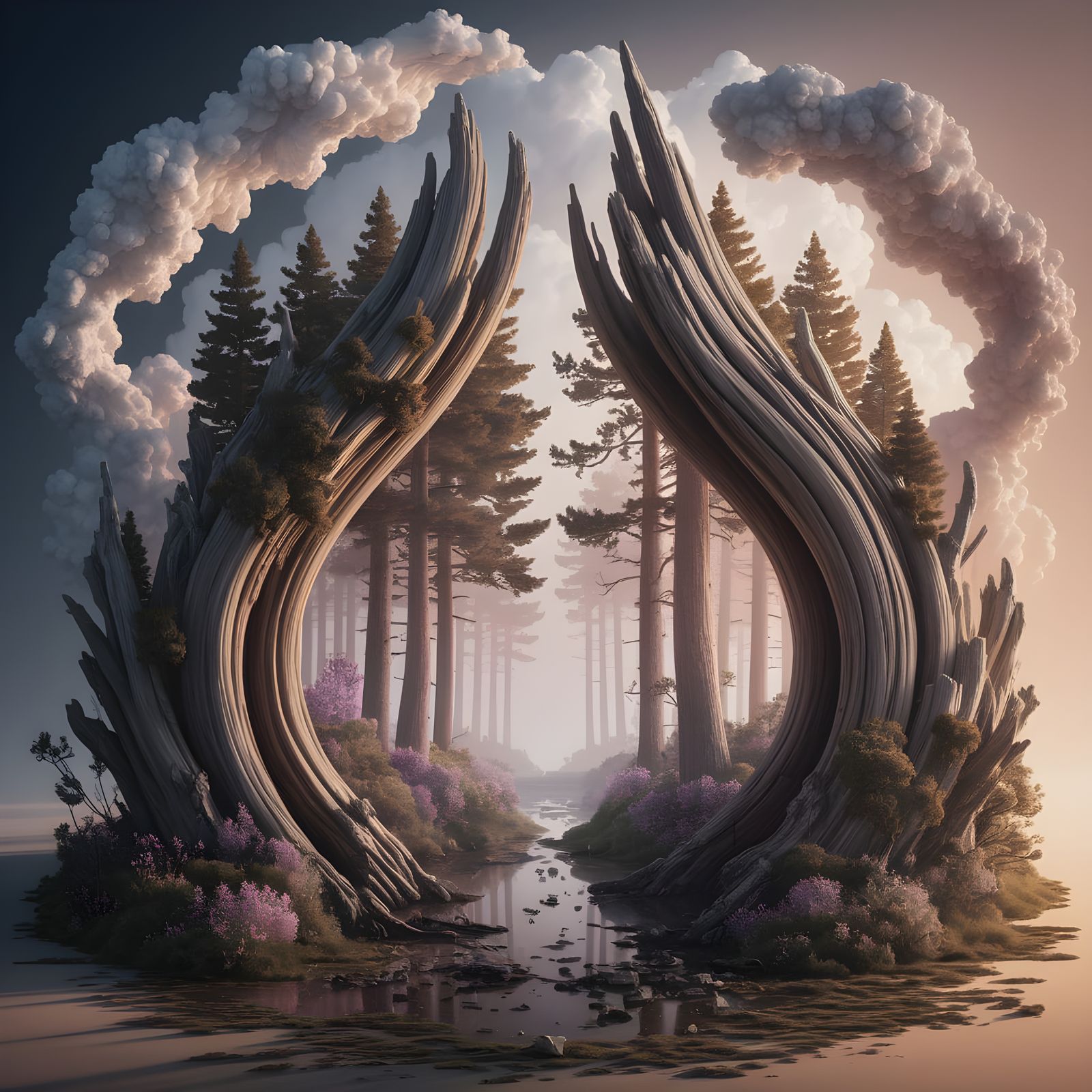 Surreal Wooden Arch Portal to Enchanted Cloud Forest